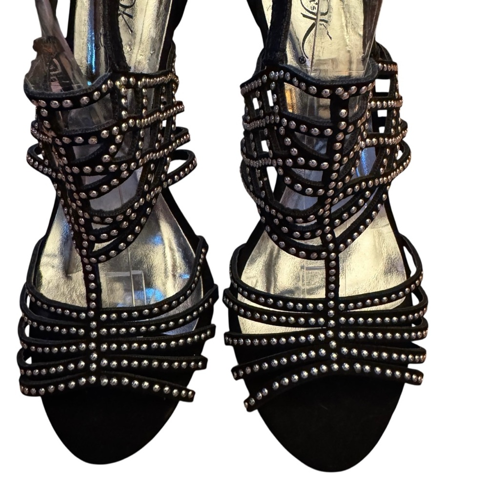 Black Suede Strappy Stiletto Heels Rhinestone & Silver Stud Embellished Open Toe